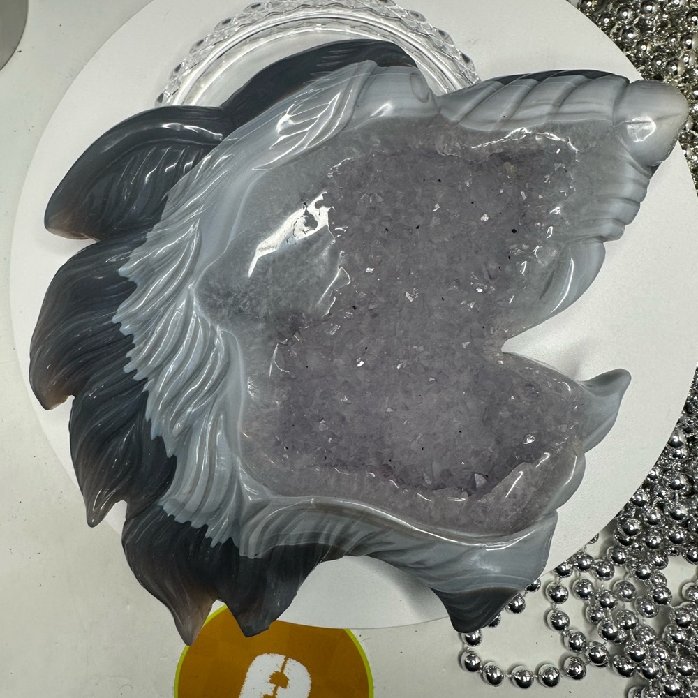 Blue Lace Agate and Amethyst Sugar Wolf Carving - BAAMYWLFCRV-001